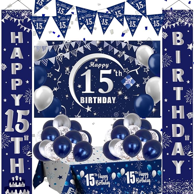 Blue 15th Birthday Decorations - Door Banner, Balloons, Porch Sign & Latex Balloons for Boys & Girls 15th Bday Party Supplies
