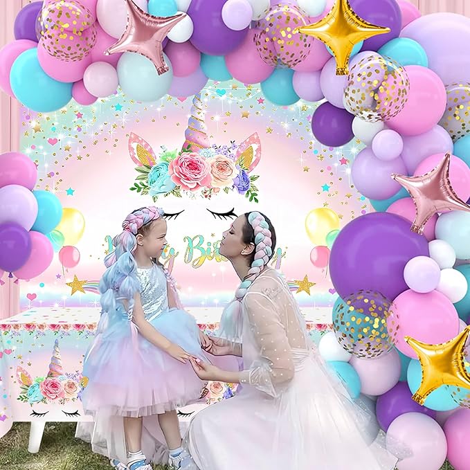 Unicorn Birthday Decorations for Girls,118pcs Unicorn Theme Party Supplies with Balloon Garland Arch Kit Backdrop and Tablecloth for Girls Women Birthday Party Decorations