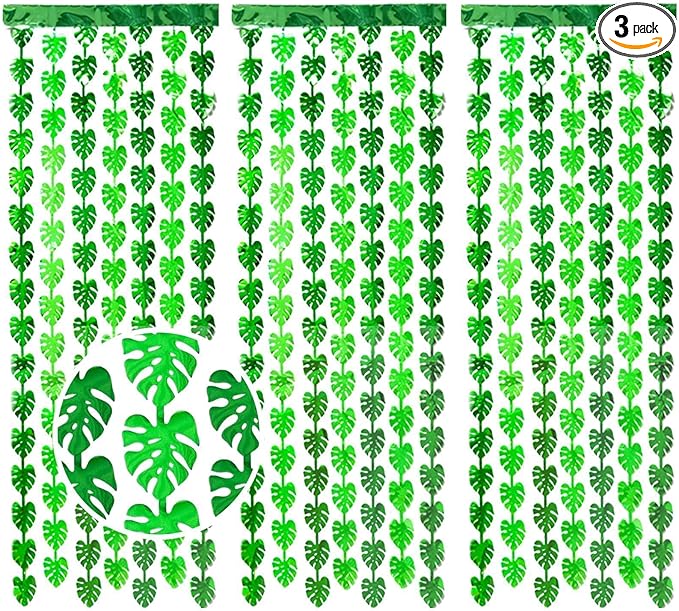 3 Pack Jungle Leaf Foil Fringe Curtain for Jungle Party Decorations, 3.3x6.6Ft Safari Theme Leaf Tinsel Streamer Backdrop, Photo Booth Prop Zoo Animal Birthday Party Supplies Baby Shower Favors