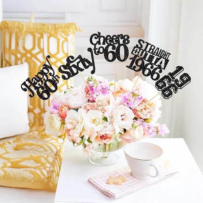 Gyufise 15Pcs Happy 60th Birthday Centerpiece Sticks Sixty Straight Outta 1966 Table Flower Centerpieces Sticks Cheers to 60 Decorations for 60th Birthday Party Supplies Black