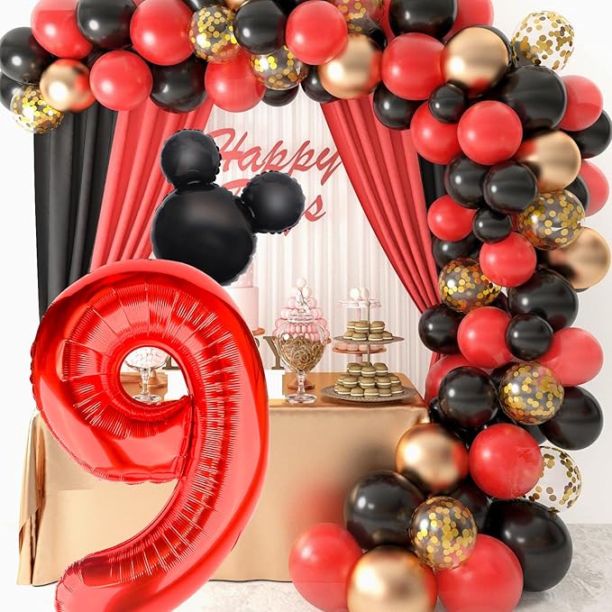 Mouse Number 9 Balloon 40 Inch Red Number 9 Balloon Mini Mouse Head Balloons Large Black Red Numeral Balloons for 9th Themed Birthday Baby Shower Decoration