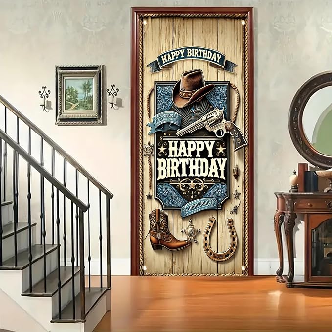 Western Cowboy Door Cover Banner 70 x 35 Inch Decoration West Boy Theme Door Cover Western Birthday Party Photography Background Decor Backdrop West Barn Door Sign Banner