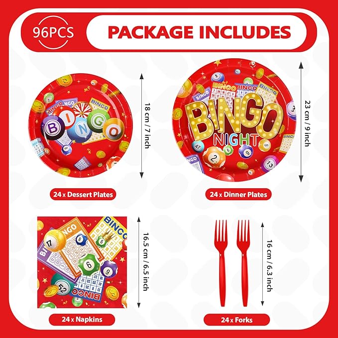 96Pcs Bingo Party Supplies Bingo Night Game Plates and Napkins Disposable Tableware Sets Bin-go Theme Birthday Party Decoration Favors for Kids Adult Casino Family Game Night Decoration Serves 24