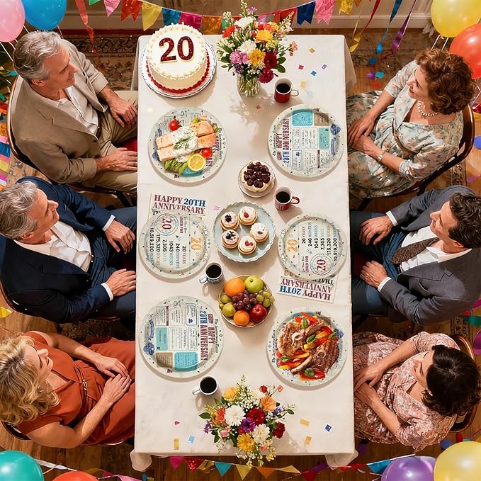96Pcs 20th Anniversary Party Decorations Retro 20 Years Wedding Aday Plates and Napkins Happy 20th Anniversary Disposable Tableware Set for Vintage 20 Year Wedding Party Supplies Serves 24