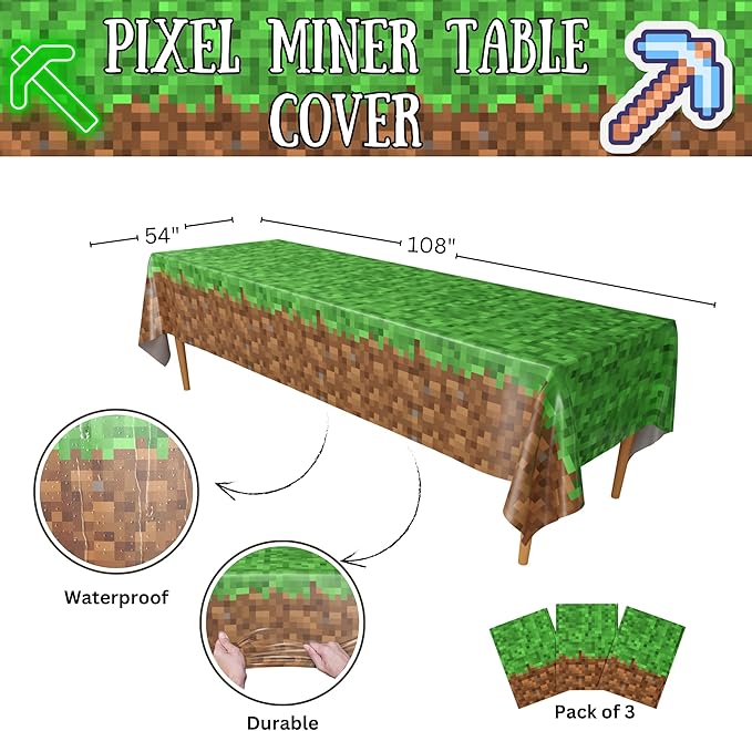 Blue Orchards Pixel Miner Table Cover (Pack of 3) - 54"x108" XL - Gamer Party Supplies, Mining Craft Party Decorations