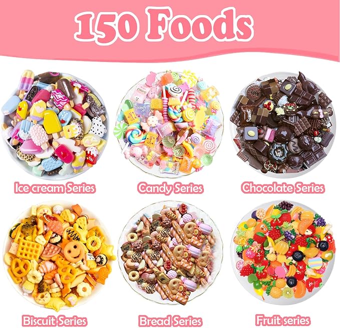 250Pcs Mini Food Miniatures Food Drinks Bottles Toys Doll House Accessories 1:12 Playset Kitchen Game Pretend Play Party Mini Things Stuff Tiny Baking Micro Hamburger Ice Cream Cake Bread