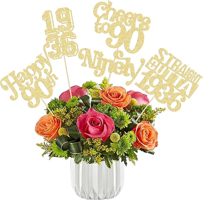 Gyufise 15Pcs Happy 90th Birthday Centerpiece Sticks Ninety Straight Outta 1936 Table Flower Centerpieces Sticks Cheers to 90 Decorations for 90th Birthday Party Supplies Gold
