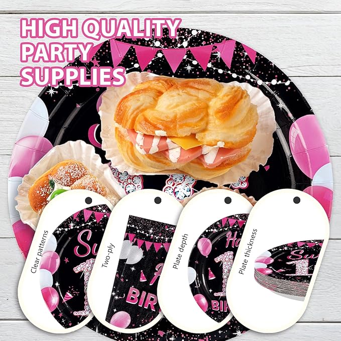 96Pcs 16th Birthday Party Supplies Black and Hot Pink Plates Forks and Napkins Diamond Sweet Sixteen Disposable Paper Tableware Set for Girls 16 Years Old Birthday Party Supplies Serves 24