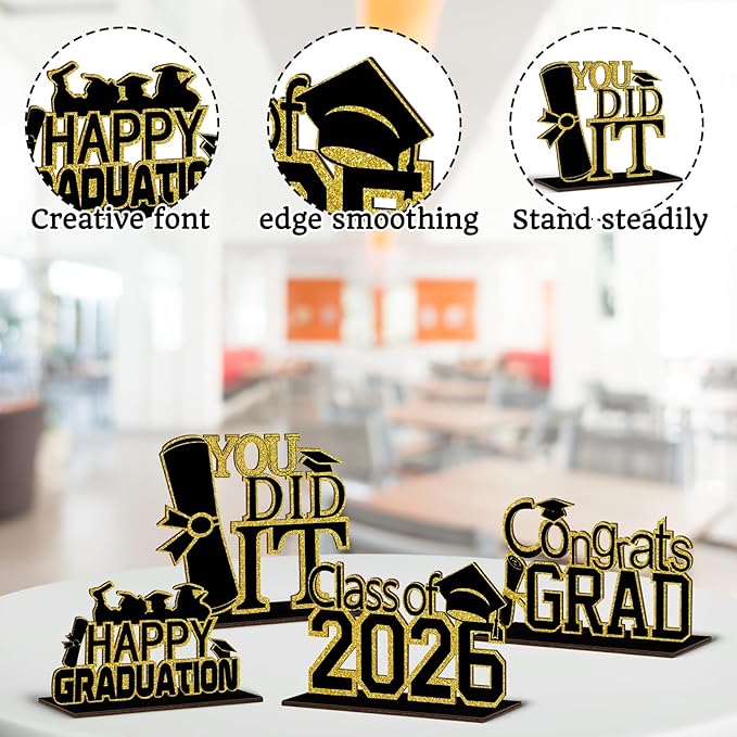 4 Pcs KSKSPE Graduation Decorations Party Supplies Table Centerpieces,Graduation Theme Design and Sturdy Wooden for Graduation Party Favors Decorations,Black