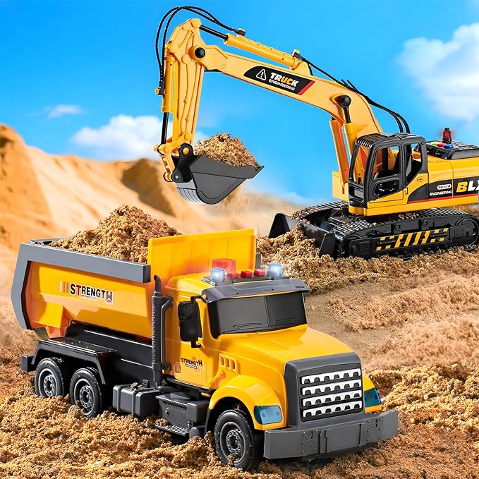 2 Pack Large Construction Engineering Truck Toys,Moveable Claw Excavator & Lifting Back Dump Truck Toy for 3 4 5 6 7 8 Years Old Boys Kids Childs Toddlers Birthday Christmas GIFS
