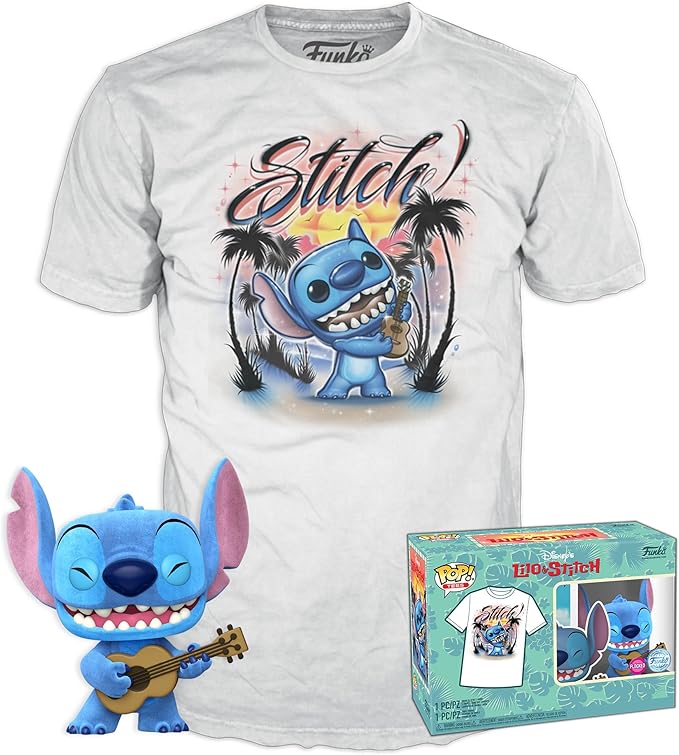 Funko Pop! &Tee: Lilo and Stitch - Ukelele Stitch (Flocked) - Medium - (M) - T-Shirt - Clothes With Collectable Vinyl Minifigure - Gift Idea - Toys and Short Sleeve Top for Adults Unisex Men and Women