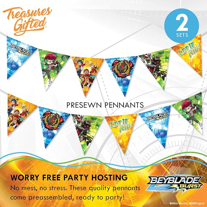 Officially Licensed BEYBLADE Banner Set - (1) Banner & (2) Triangle Pennants - BEYBLADE Birthday Party Supplies