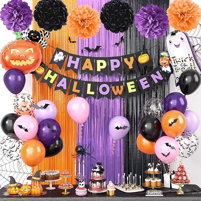 Purple Black Orange Party Decorations Set,Halloween Decorations Kit Including HAPPY HALLOWEEN Banner,Foil Balloons,3D Bat Stickers,Fringe Curtain,Paper Pompoms,Indoor Outdoor Halloween Supplies