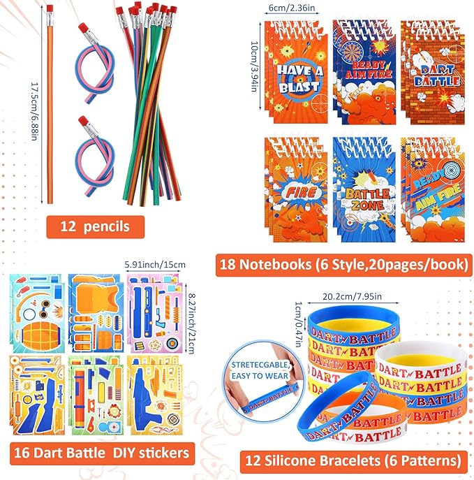 110 Pcs Dart Battle Party Favors Back to School Gifts Includes Dart Party Favor Bags Silicone Wristbands Badges Notebook Keychain Stickers Bendable Pencil for Birthday