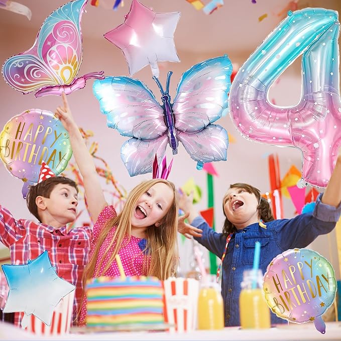Butterfly Balloons 4th Birthday Decorations for Girls - Gradient Pink Colorful Foil Balloons, Giant Number 4 Foil Mylar Balloon, Butterfly Theme Birthday Party Supplies