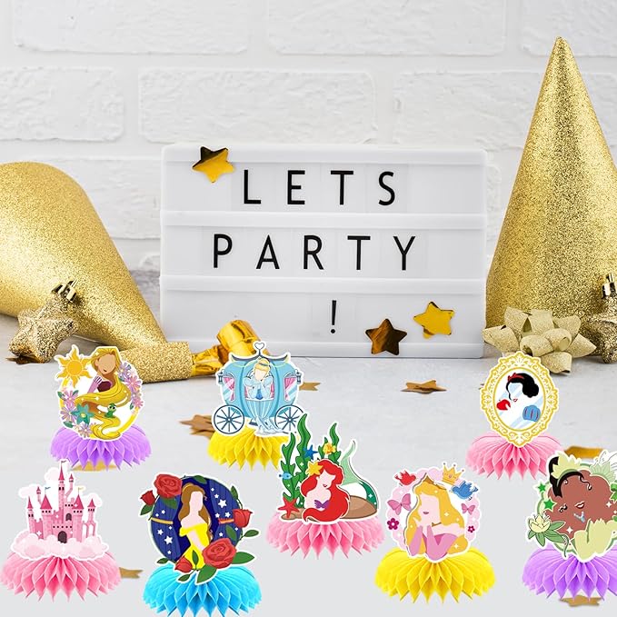 8Pcs Girl Princess Birthday Party Supplies, Princess Girl Honeycomb Centerpieces Seven Girls Theme 3D Table Decorations