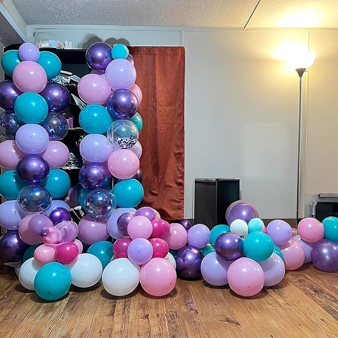 Mermaid Balloon, 12 Inch Mermaid Theme Balloon, Metallic Purple Green Party Balloons, Teal Green Purple and White Balloons with Confetti for Mermaid Party Girls Birthday baby shower Decoration