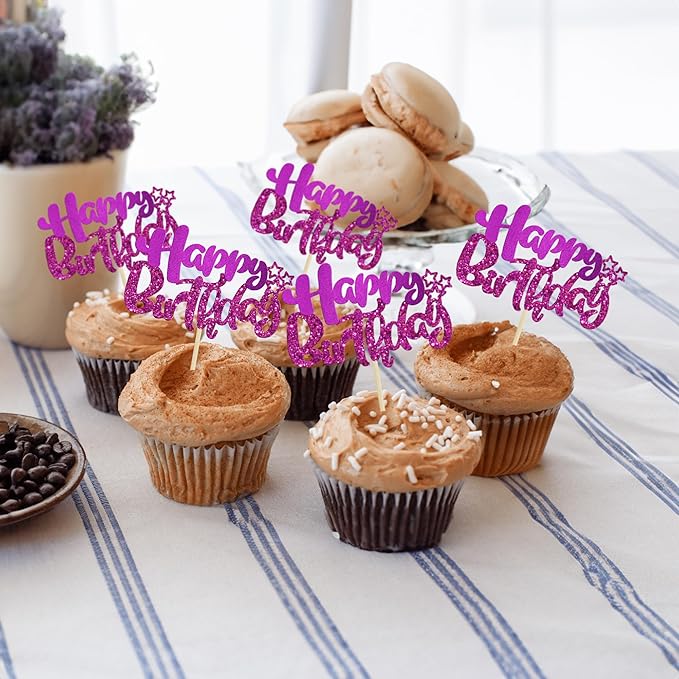 Ephlyn 24Pcs Happy Birthday Cupcake Toppers Double Layer Glitter Happy Birthday Cake Decorations for Celebrating Baby Shower Theme Kids Boys Girls Anniversary Party Decorations Supplies Purple