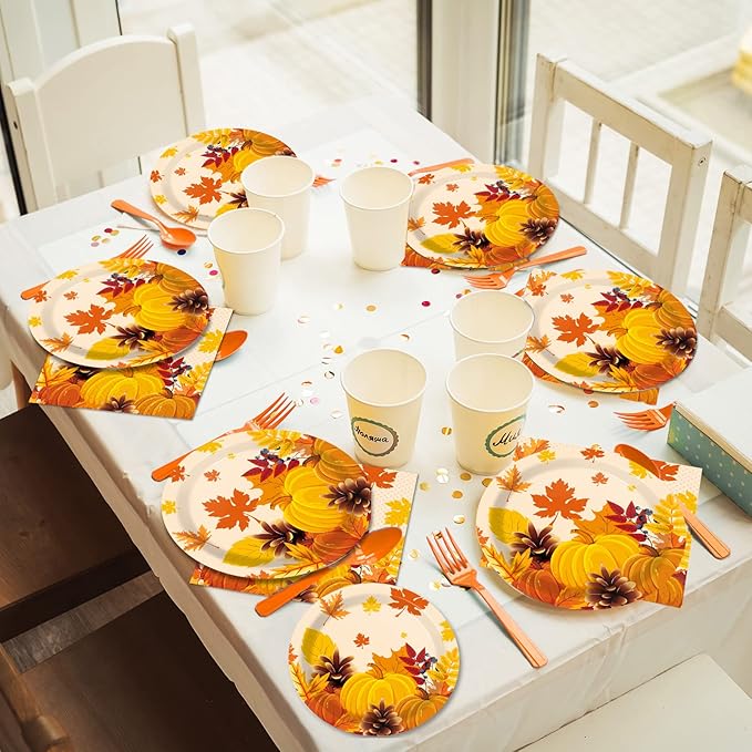 gisgfim 96 Pcs Thanksgiving Fall Plates and Napkins Party Supplies Autumn Leaves Tableware Set Thanksgiving Pumpkin Maple Party Decorations Favors for Fall Theme Birthday Serves 24