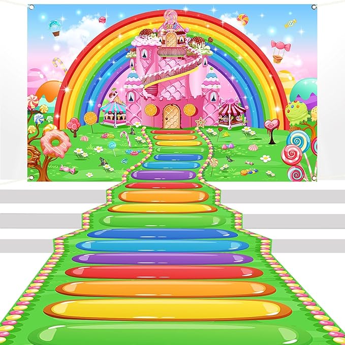 Mocsicka Candyland Party Banner Decorations 2 Pack - Candyland Castle Birthday Backdrop for Girls Birthday Lollipop Sweet Donut Theme Party Supplies (2 Pack, 70.8x43.3 inch)