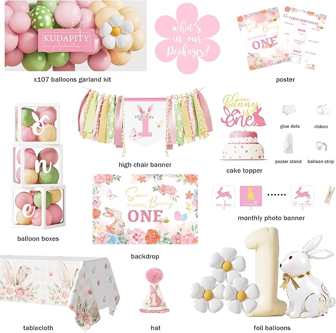 Some Bunny Is One Birthday Party Decorations for Girl, Pink Easter Bunny Rabbit 1st Birthday Supplies, Balloon Garland Kit, High Chair Banner and Backdrop for One Year Old Spring Birthday Girl Décor