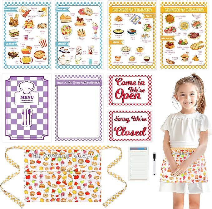7 Pieces Restaurant Server Play Toys Set Pretend Play Restaurant Food Kids Waitress Set Pretend Restaurant Menus with Play Kitchen Dress Up Clothes for Toddler Girls Boys Party Learning Birthday Gift