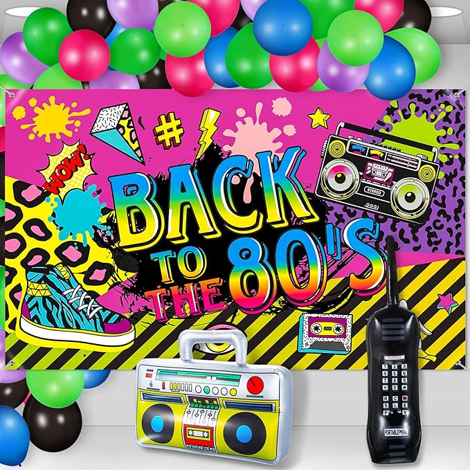Xuhal 80's Party Decorations Back to the 80s Party Backdrop Banner with Inflatable Radio Boombox and Mobile Phone Latex Balloons for 80s Hip Hop Themed Birthday Photo Booth Background Party Supplies