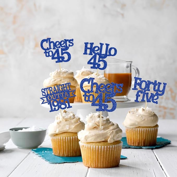 Ephlyn 24Pcs 45th Birthday Cupcake Toppers Glitter Straight Outta 1981 Cupcake Picks Hello 45 Cheers to 45 Years Cake Decorations for 45th Birthday Anniversary Party Decorations Supplies Blue