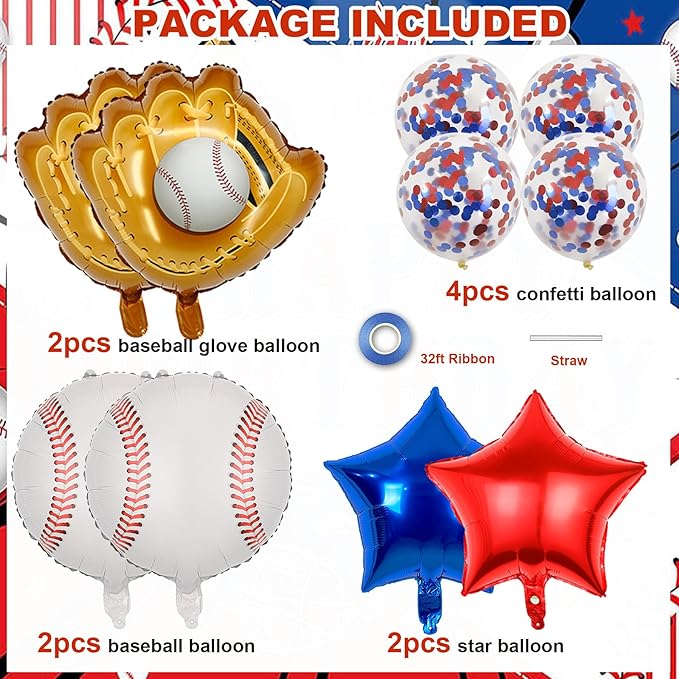 Baseball Birthday Party Balloons, 32 Inch Navy Blue Foil Number 8 Balloon, Baseball Glove Foil Balloon, Red Blue Star Confetti Balloon for 8th Birthday Sports Theme Party Supplies
