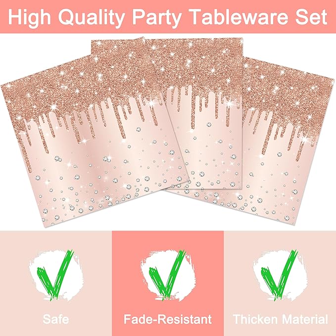 96 Pcs Champagne Silver Plates and Napkins Party Supplies, Disposable Forks Paper Dessert Tableware Glitter Decorations Birthday Table Dinnerware Favors Set, Serves 24