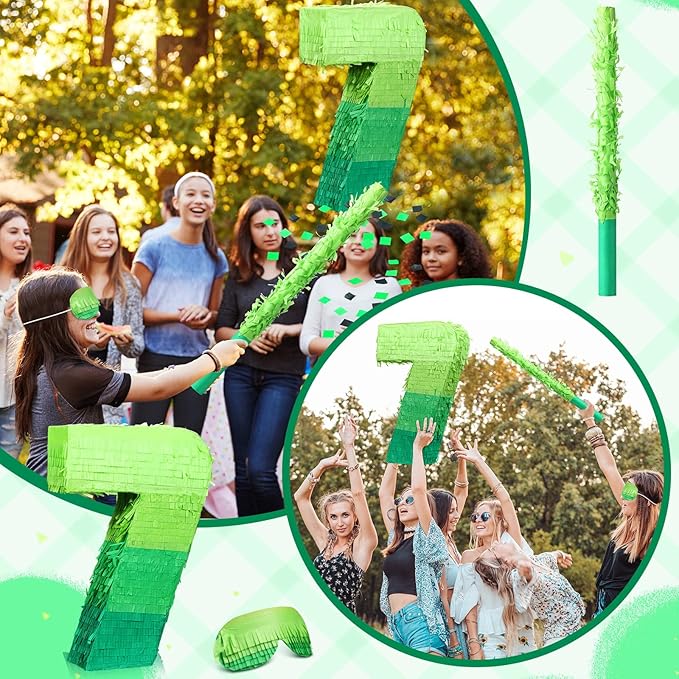 Number Piñata Decorations 16 Inch Gradient Green Piñata with Blindfold Stick and Confetti for Birthday Baby Shower Safari Jungle Themed Party Supplies Centerpiece(Number 7)