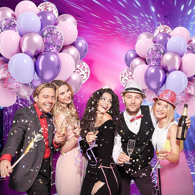 61pcs Pink and Purple Balloons, 12 Inch Purple Pink Confetti Latex Balloons, Metallic Balloon for Bridal Baby Shower Wedding Women Birthday Party Decorations
