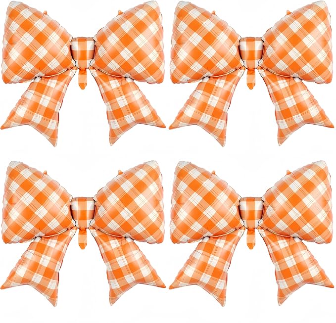 4Pcs Orange White Gingham Bow Balloons for The Life of A Showgirl Party/Tay*lor Sunset Coastal Birthday, Glam Showgirl Era Decor/Picnic Outdoor BBQ, Racing Party, Checkered Foil Bows