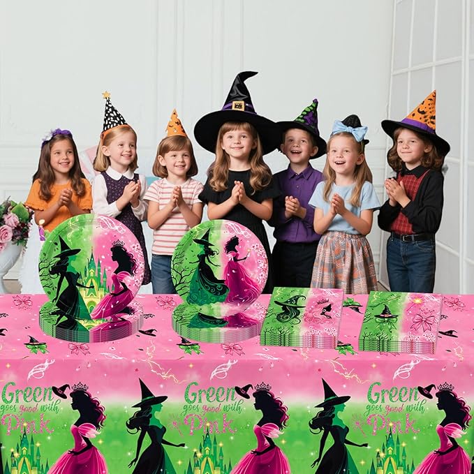 41 PCS Pink and Green Witch Party Decorations Include Pink Plates, Green Plates, Napkins, Tablecloth for Witch Birthday Party Decorations