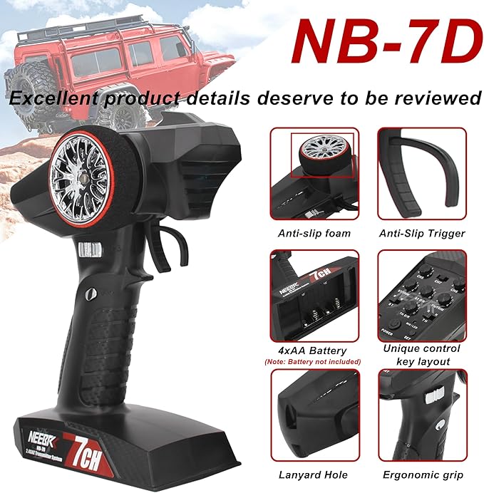 7 Channels RC Transmitter with Receiver Built-in Light Control System and 12LED Light Set, 2.4GHz Radio Remote Controller for RC Car Crawler Truck Racing Buggy Off Road On Road Boat Tank(Red)