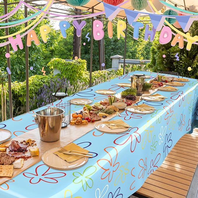 Oudain 4 Sheets Sponge Birthday Party Supplies Blue Ocean Flower Tablecloth 54 x 108 Inch Plastic Table Covers for Birthday Party Decorations