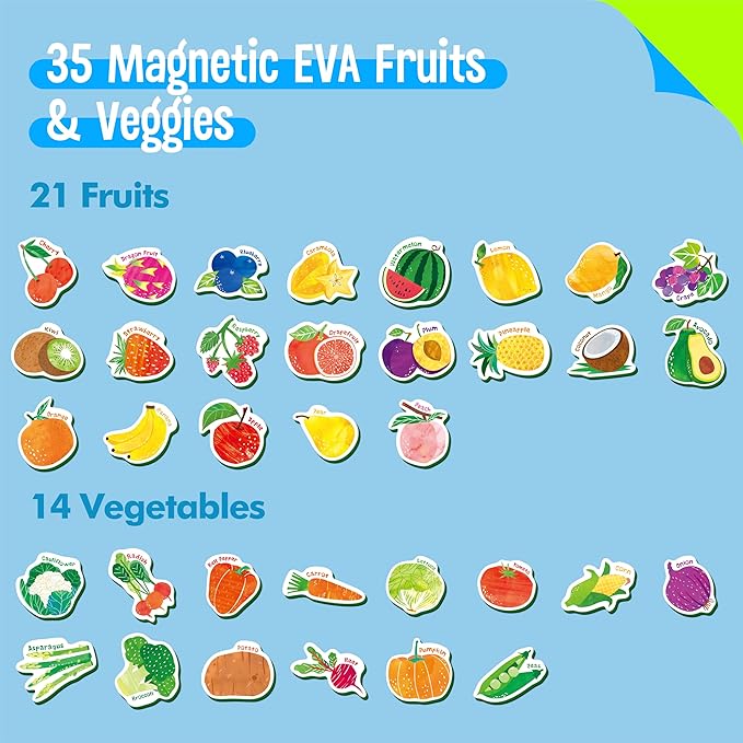 35 PCS Fruit & Vegetable Magnets, Adorable Magnetic Fruits Veggies Thick Foam Fridge Magnets Cute Educational Learning Toys for Toddles Kids
