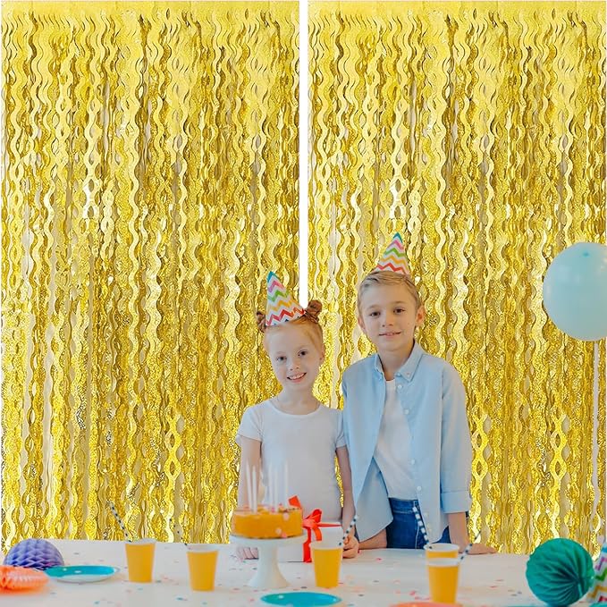 2 Pack Gold Wavy Foil Fringe Curtains, 3.3x6.6 Ft Metallic Tinsel Wavy Backdrop Party Decorations Door Gold Streamers for Birthday Wedding Engagement Decor,Party Supplies