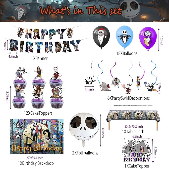 Birthday Party Decorations, Magical Wizard Pirate Halloween Horror Night Themed Party Supplies - Happy Birthday Banner, Balloons, Backdrop, Tablecloth, Cake Inserts Set-Black