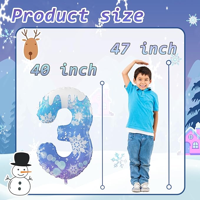 40 Inch Frozen Balloon Number 3 Birthday Balloons Decorations for Girls Birthday Snowflake Themed Party Supplies Winter Party Decorations (Blue Snowflake, number 3)