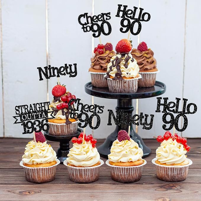 Ephlyn 24Pcs Happy 90th Birthday Cupcake Toppers Glitter Straight Outta 1936 Cupcake Picks Hello 90 Cheers to 90 Years Birthday Cake Decorations for 90th Birthday Anniversary Party Supplies Black