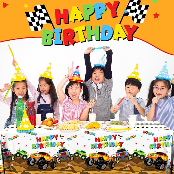 Monster Truck Tablecloth - 3 Pcs Disposable Machine Table Cover, Checkered Tablecloth for Monster Truck Birthday Party Decorations
