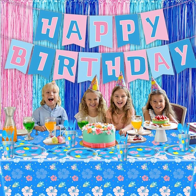 84 Pcs Cartoon Party Supplies Hawaiian Hibiscus Pattern Tableware Set Disposable Tropical Tableware Set Summer Island Themed Birthday Decorations