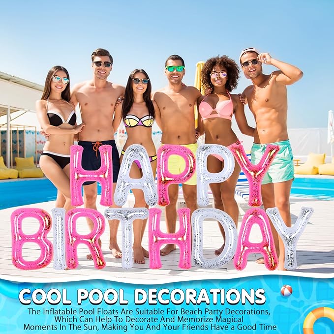 Shappy 20'' Happy Birthday Pool Large Floating Letter Balloons with Adhesive Dots Inflatable Pool Decorations for Summer Birthday Party