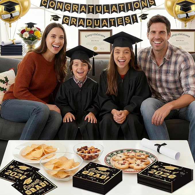 50 Pcs Graduation Napkins Decorations - Black Gold Class of 2026 Congrats GRAD 3-Ply Paper Cocktail Dinner Napkins Set for 2026 Graduation Party Supplies Table Decor Favors, 6.5 x 6.5 Inch