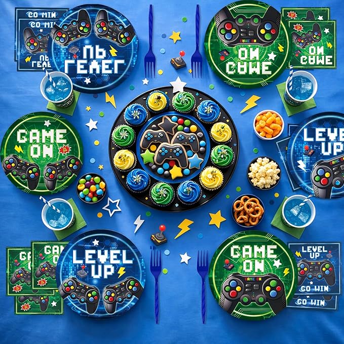 96 Pcs Video Game Plates and Napkins Tableware Set (Serve 24), Video Game Birthday Party Decorations, Party Supplies Include Plates Napkins Plastic Forks for Party