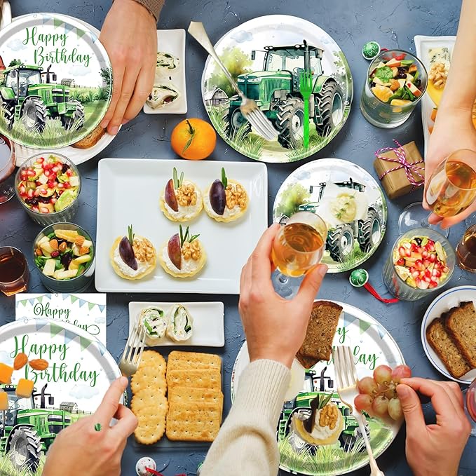 Rakuto Tractor Birthday Party Plates Napkins Tableware Set, Tractor Birthday Party Decorations Supplies for Kids, Disposable Paper Green Farm Dinnerware Party Decor Serves 24