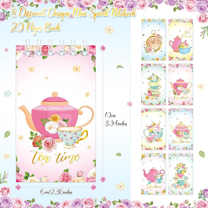 Faccito 24 Pcs Mini Tea Notebook Floral Tea Mini Notepad Party Favors Teapot Party Small Spiral Pocket Notebooks Floral Teapot Time Notepad Memo Spiral Notebooks for Birthday Classroom Reward Supplies
