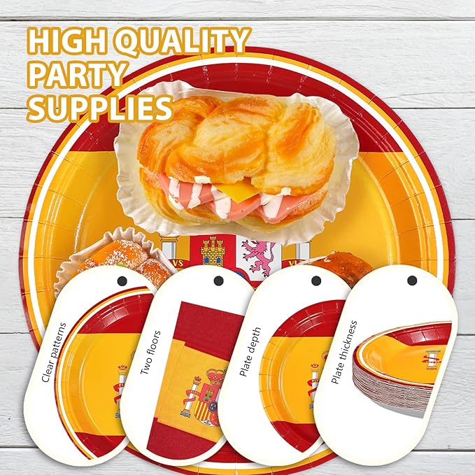 96 Pcs Spain Flag Party Decorations Disposable Spanish Flag Paper Plates and Napkins Spanish National Day Tableware Set for Country Decoration Patriotic Festival Party Supplies, Serves 24