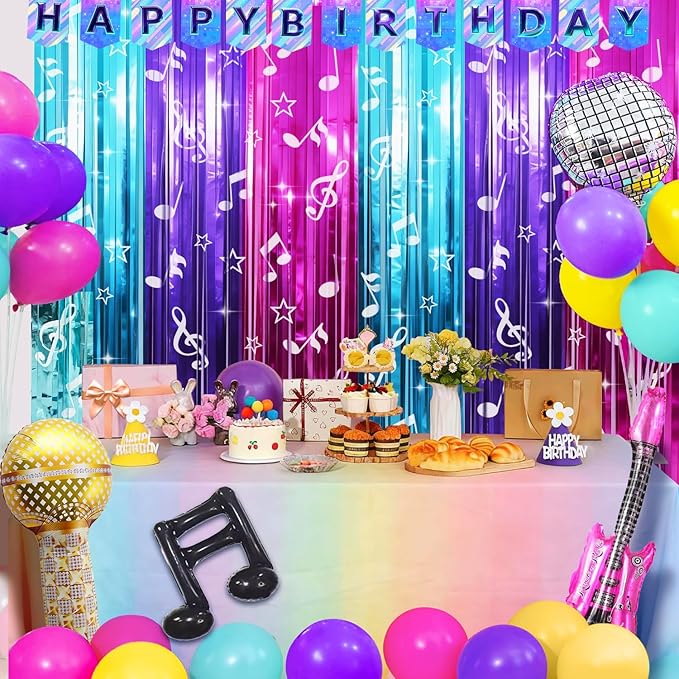 Demon Movie Hunters Birthday Party Decoration, 1 Pack Demon Movie Hunters Party Backdrop Photo Booth Prop, Pop Music Notes Print Fringe Curtains Tinsel Photo Streamers for Hunter Theme Party Supplies